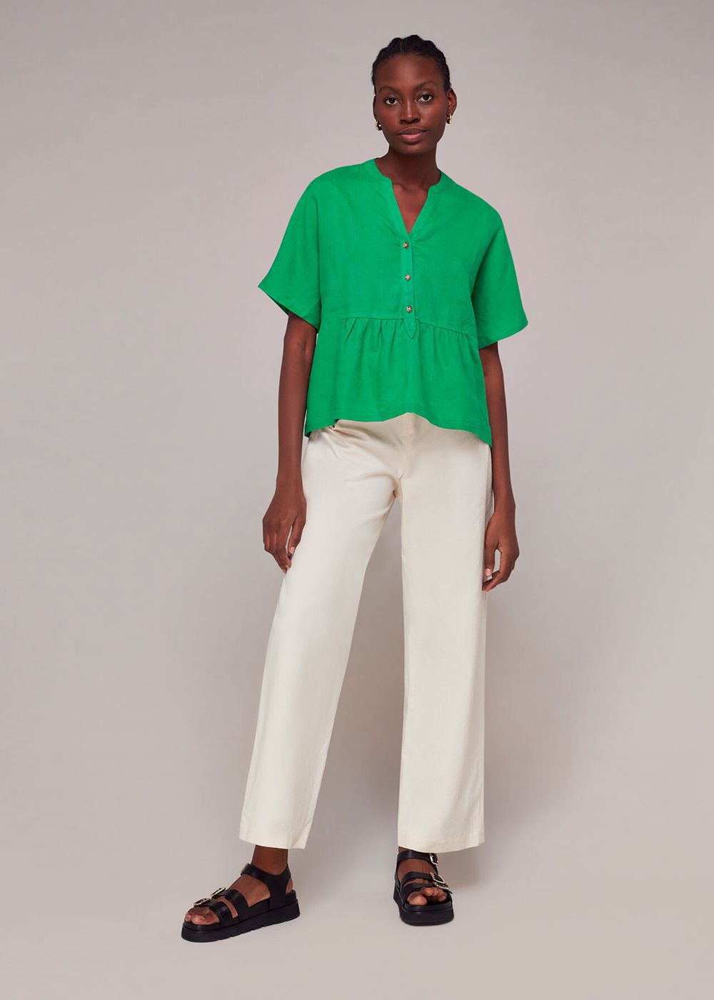 Whistles Hannah Linen Peplum Blouse Green | US-13906XVKT