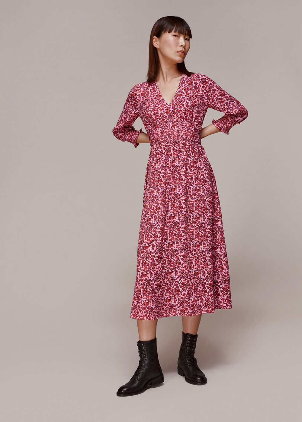 Whistles Heath Floral Print Midi Dress Pink / Multicolor | US-35428FNZA