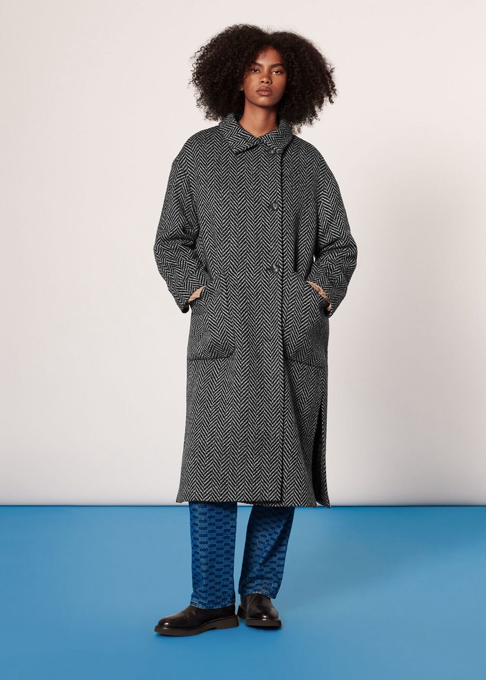 Whistles Herringbone Funnel Neck Coat Black / White | US-04137WJXF