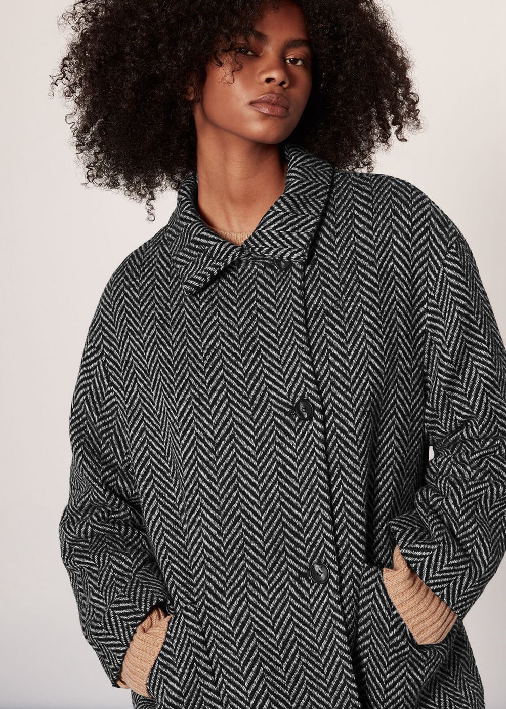 Whistles Herringbone Funnel Neck Coat Black / White | US-04137WJXF