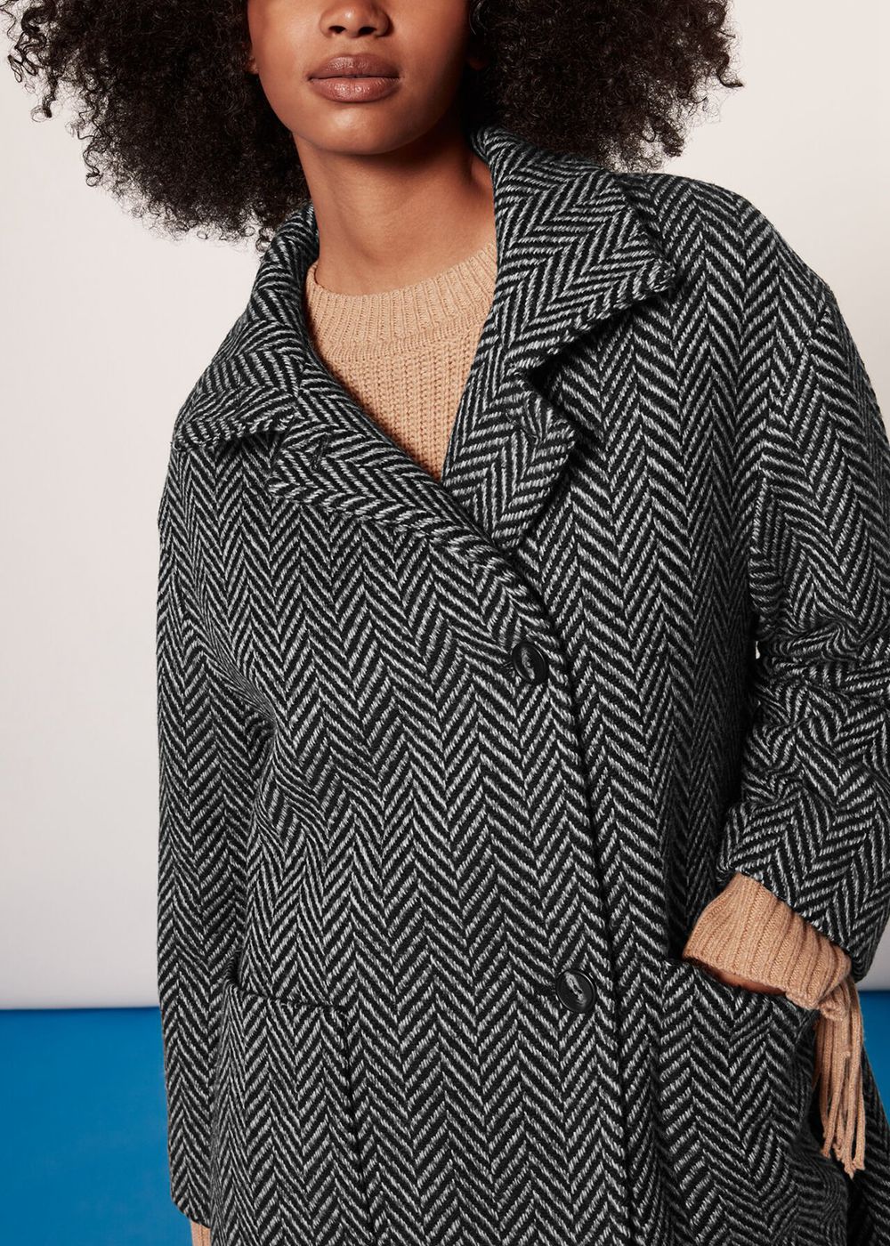 Whistles Herringbone Funnel Neck Coat Black / White | US-04137WJXF