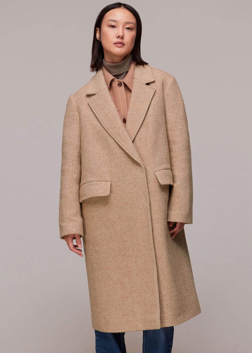 Whistles Herringbone Smart Wool Coat Beige | US-01729CYDT