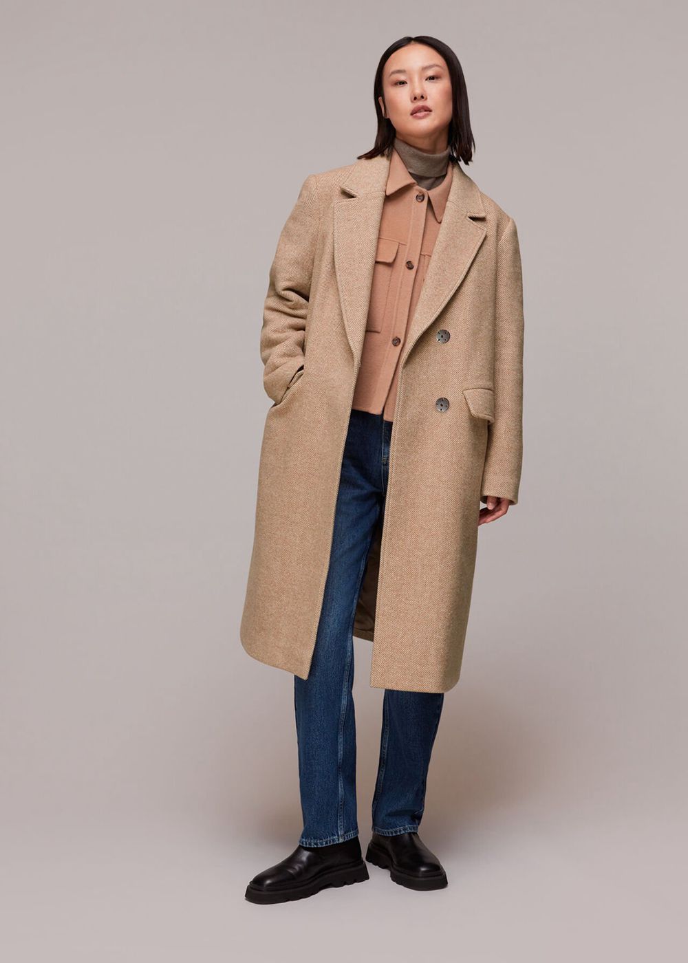 Whistles Herringbone Smart Wool Coat Beige | US-01729CYDT