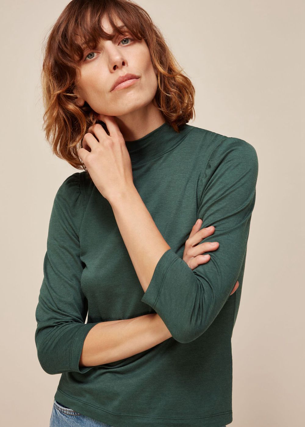 Whistles High Neck Puff Sleeve Top Dark Green | US-62948MVKD