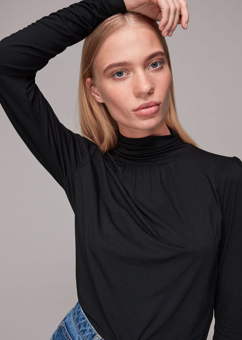 Whistles High Neck Ruched Sleeve Top Black | US-65249CWJA