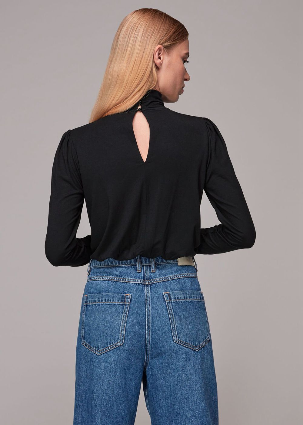 Whistles High Neck Ruched Sleeve Top Black | US-65249CWJA