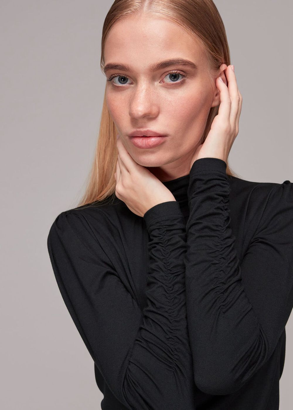 Whistles High Neck Ruched Sleeve Top Black | US-65249CWJA