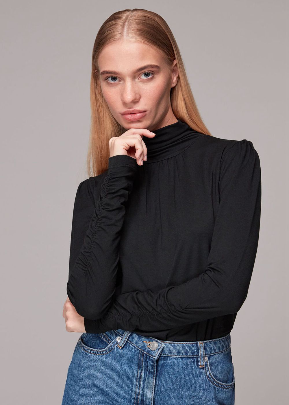 Whistles High Neck Ruched Sleeve Top Black | US-65249CWJA