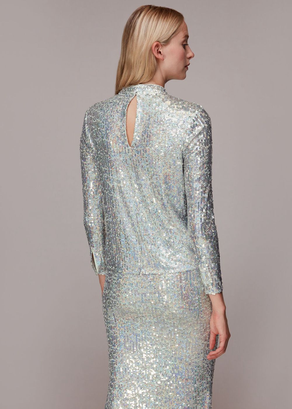 Whistles High Neck Sequin Top Silver | US-81270KIRS