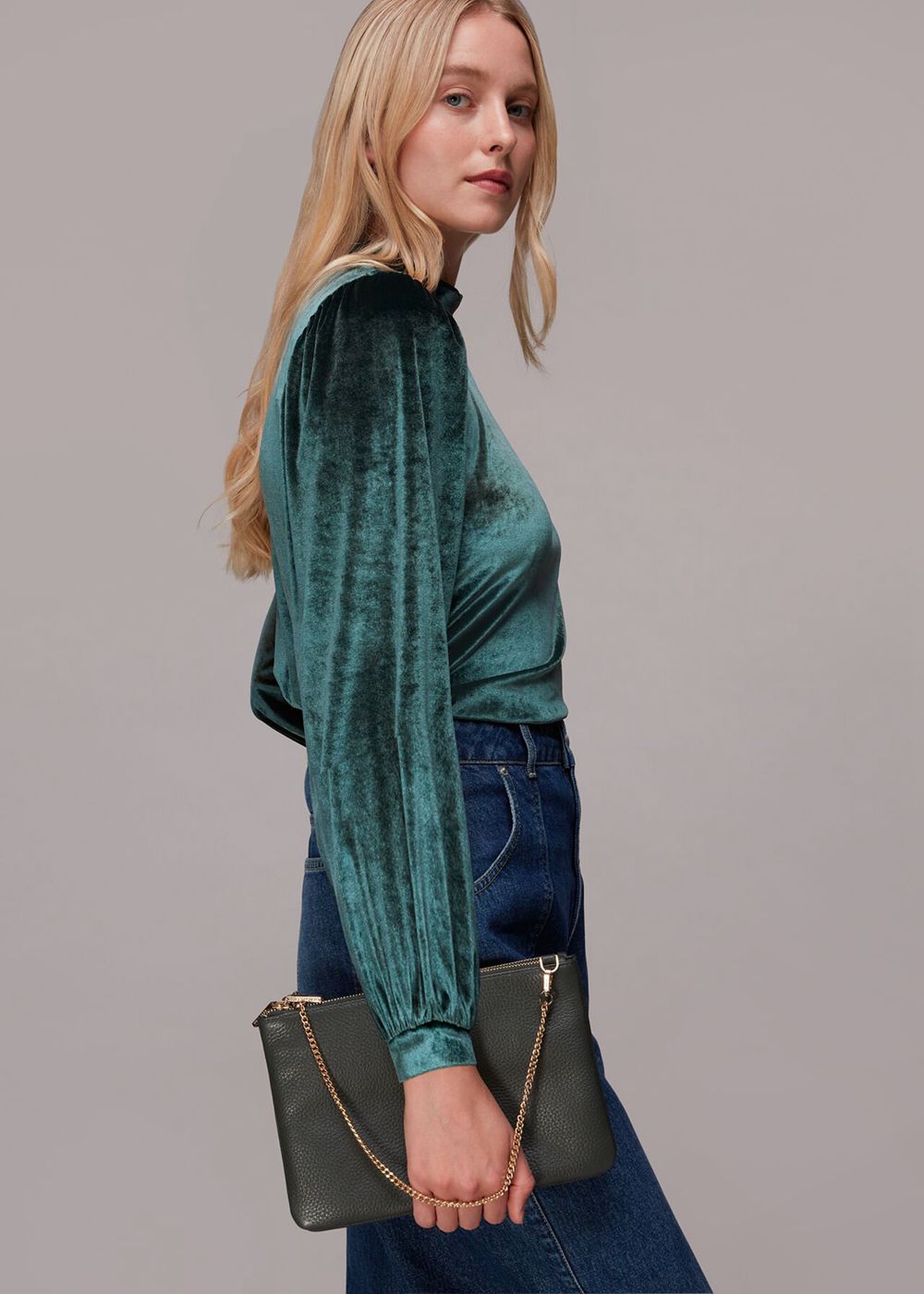 Whistles High Neck Velvet Top Dark Green | US-89540EIPZ