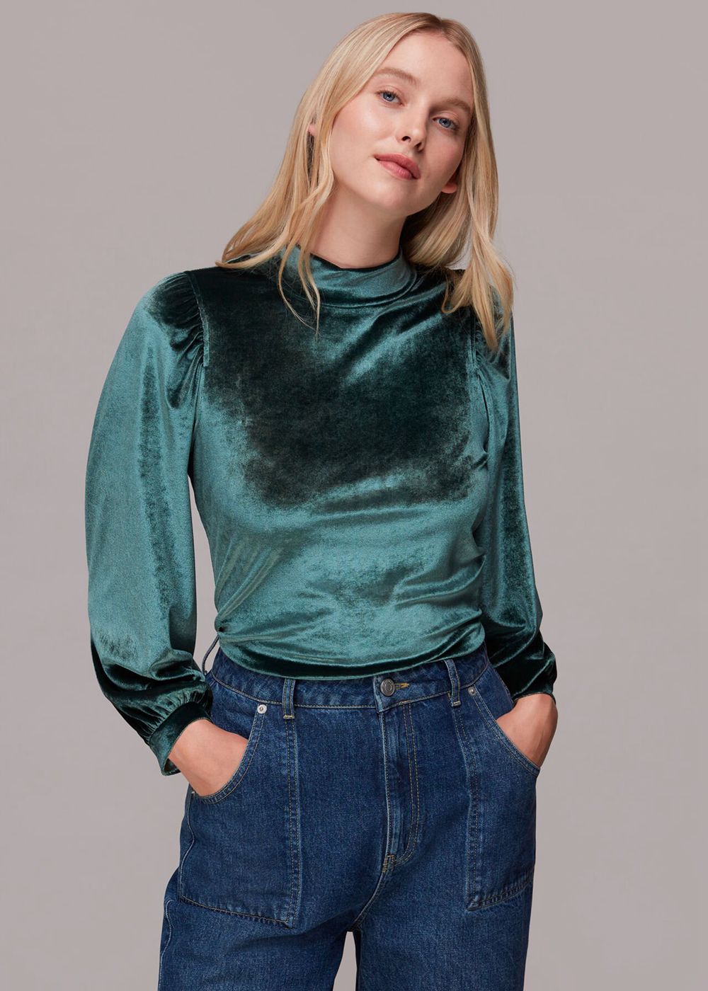 Whistles High Neck Velvet Top Dark Green | US-89540EIPZ