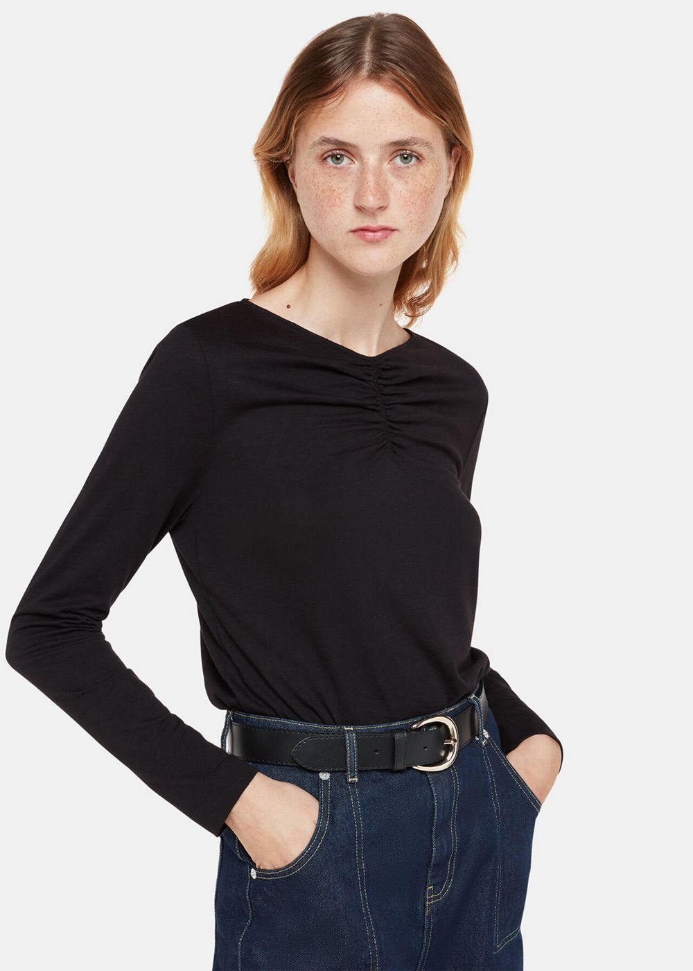 Whistles High V Neck Ruched Top Black | US-70294JUEY