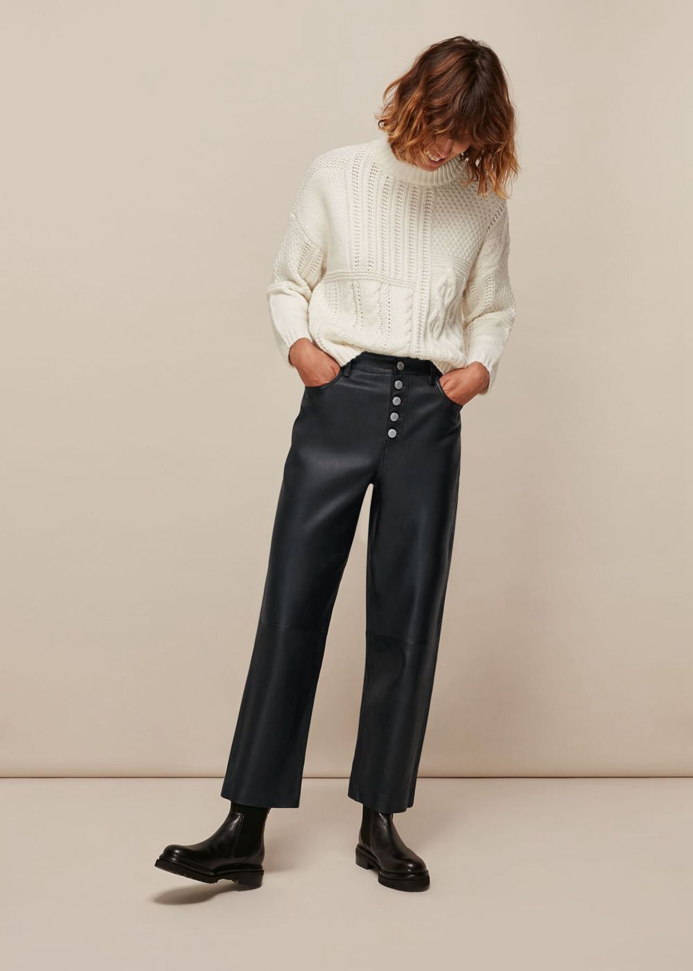 Whistles Hollie Leather Button Pants Black | US-93604IHVL