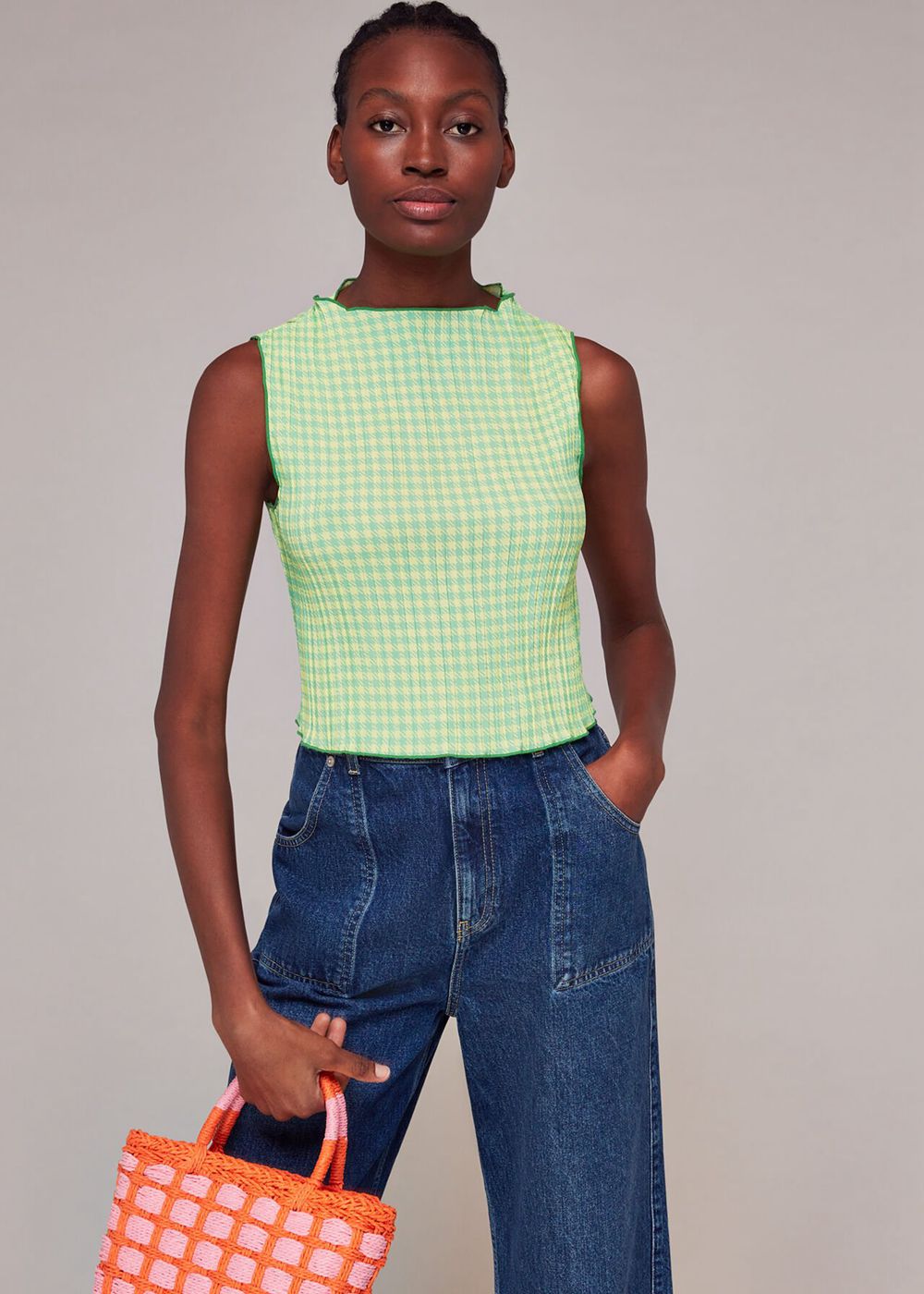 Whistles Houndstooth Gingham Plisse Top Green / Multicolor | US-95281UYJB