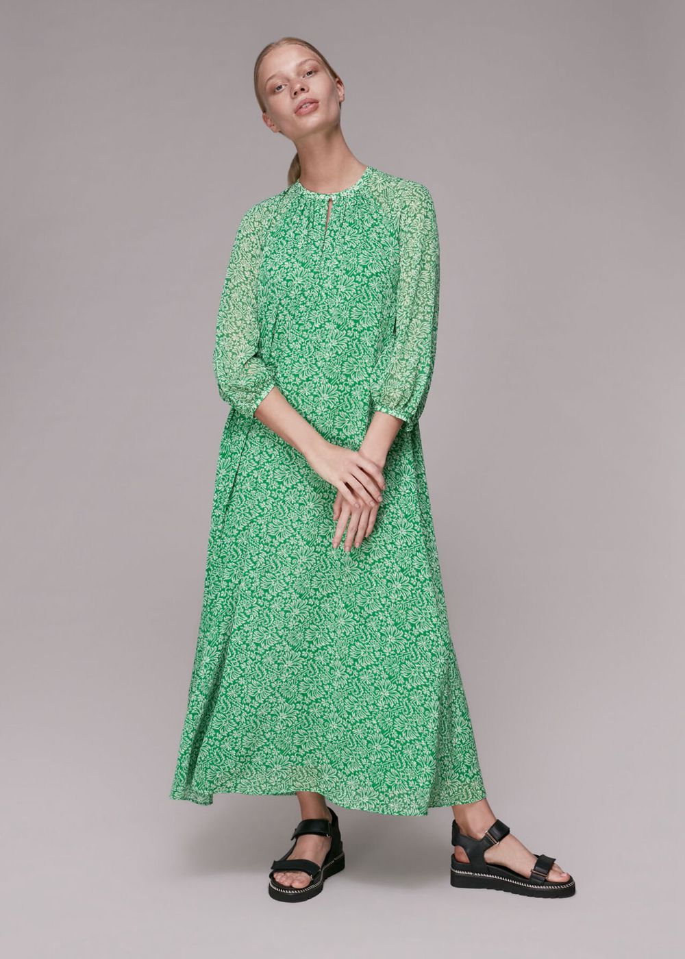 Whistles Indo Floral Trapeze Dress Green / Multicolor | US-89375WDKJ