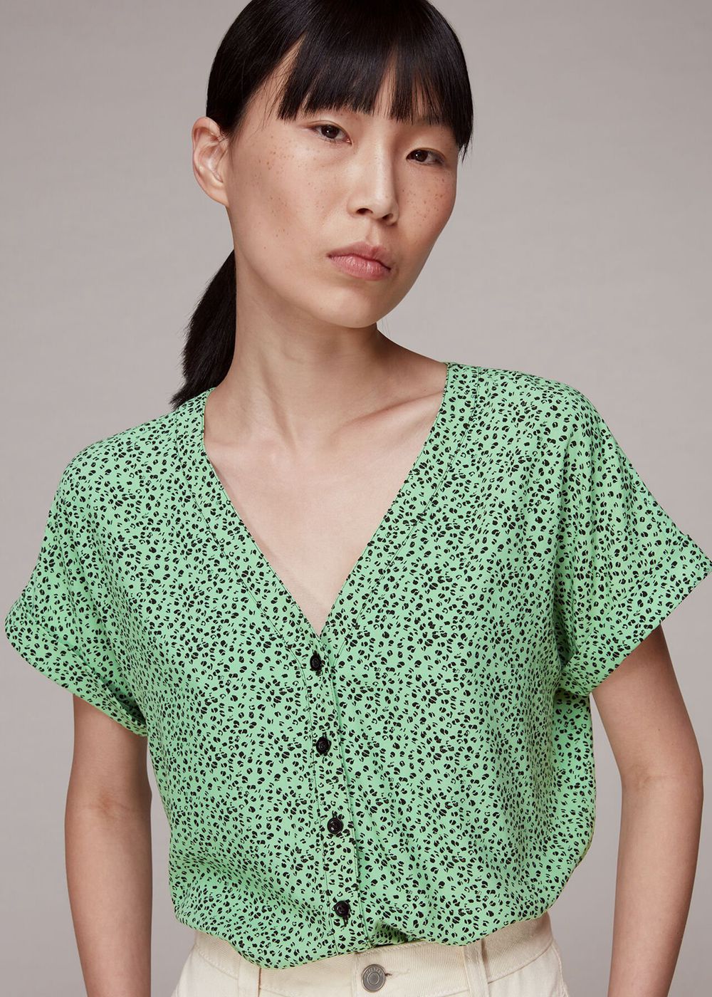 Whistles Ink Leopard Button Front Top Green / Multicolor | US-28603PLRT