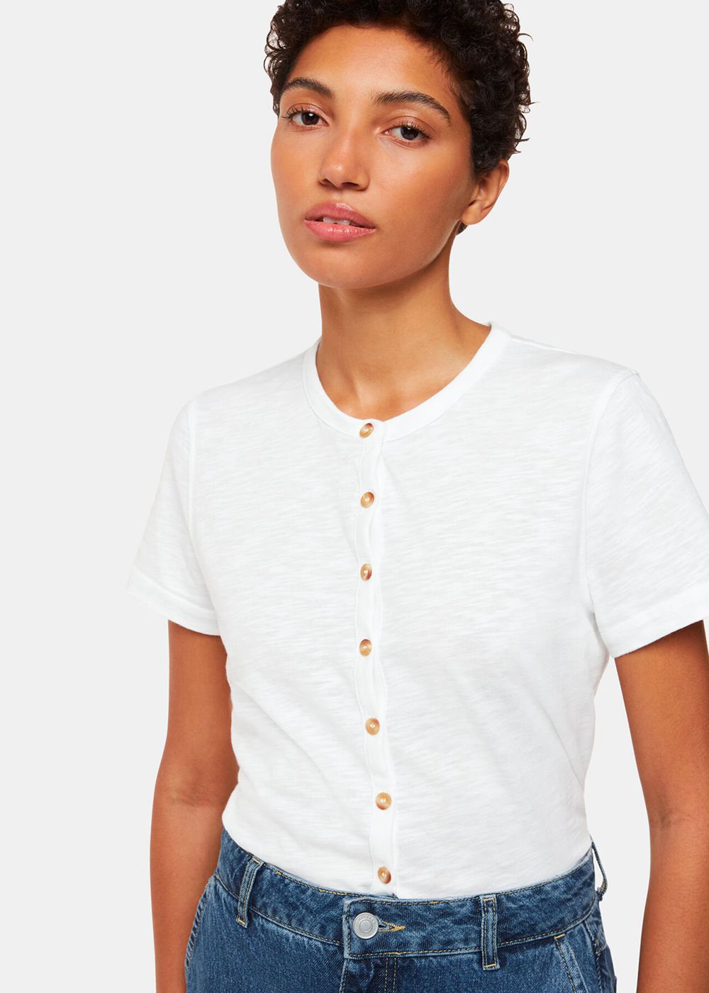 Whistles Isla Round Neck Button T-Shirt White | US-78512TCPH