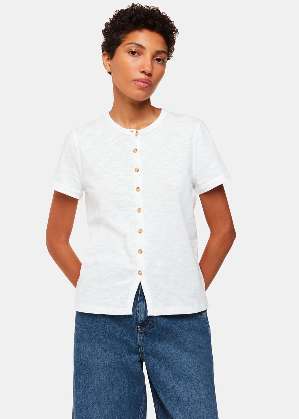 Whistles Isla Round Neck Button T-Shirt White | US-78512TCPH