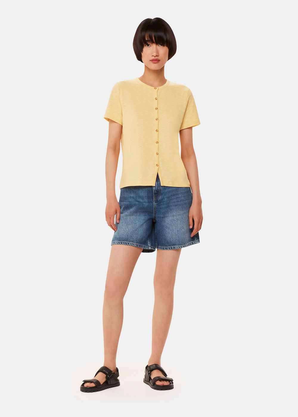 Whistles Isla Round Neck Button T-Shirt Yellow | US-32014EHIN