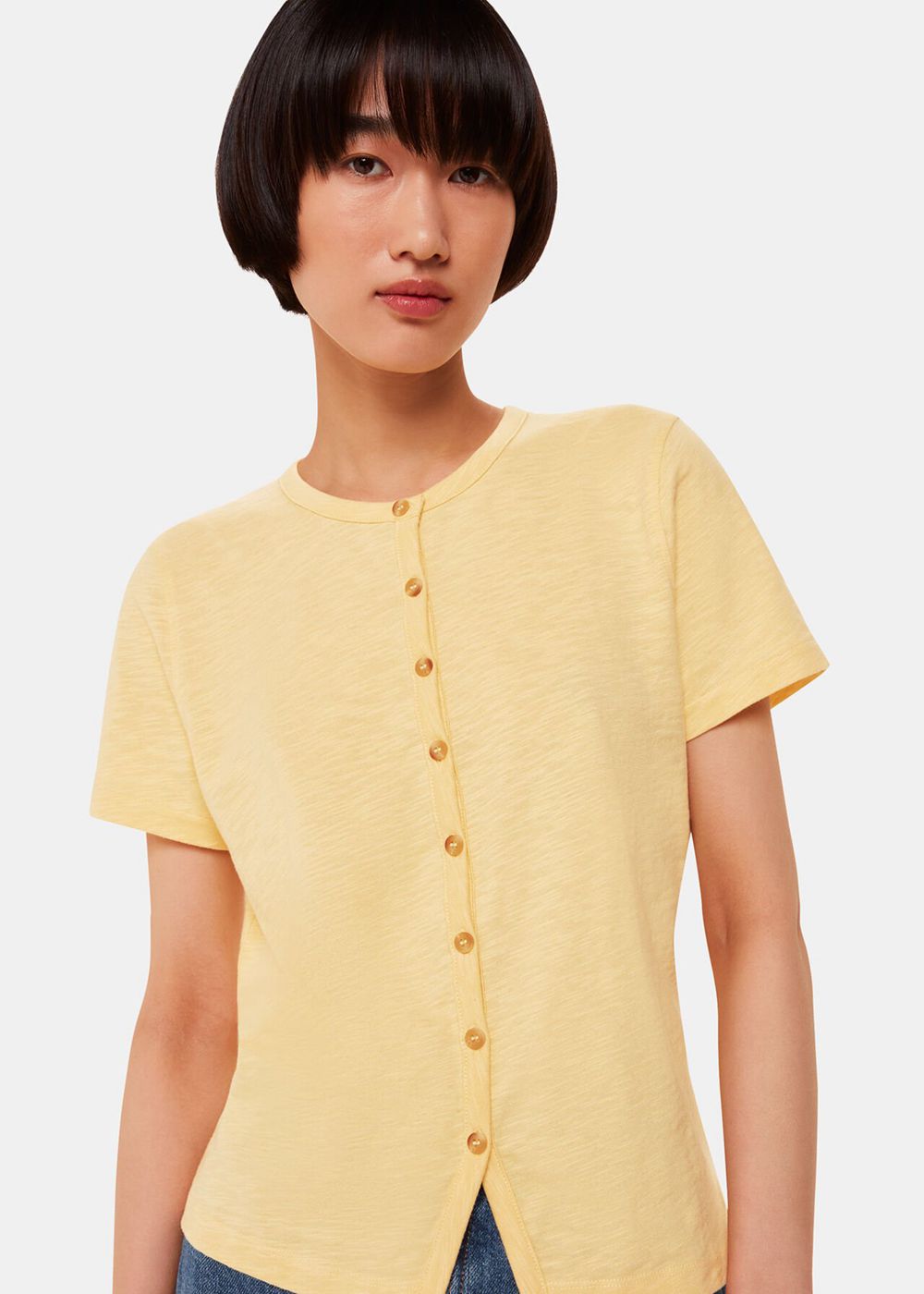 Whistles Isla Round Neck Button T-Shirt Yellow | US-32014EHIN