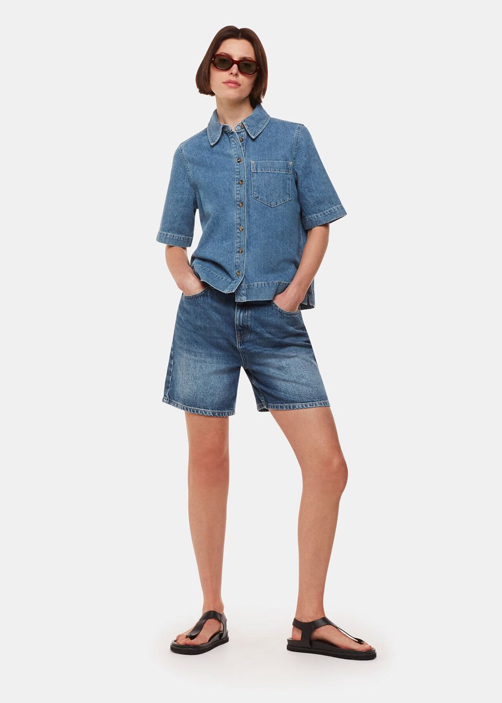 Whistles Jade Short Sleeve Denim Shirts Blue | US-51082TMGX