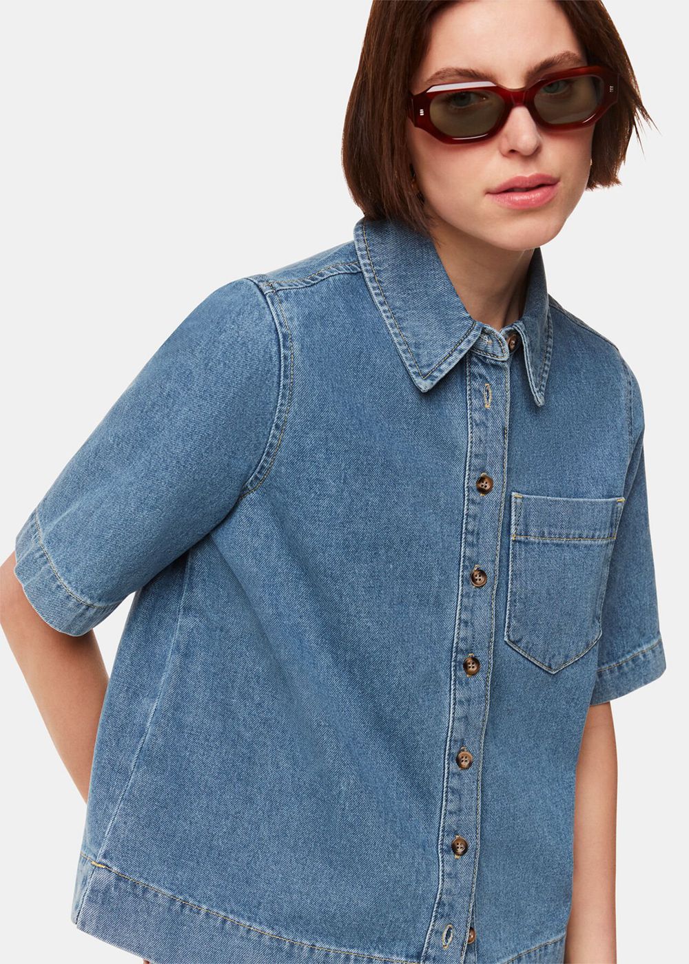 Whistles Jade Short Sleeve Denim Shirts Blue | US-51082TMGX