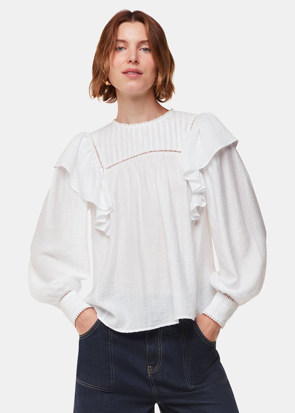 Whistles Johanna Textured Frill Blouse White | US-94803FMBZ