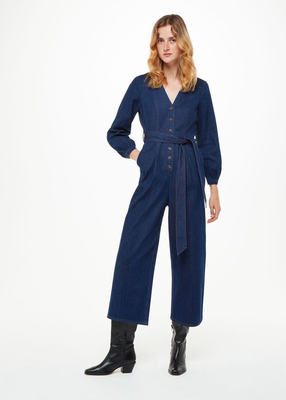 Whistles Joni Denim Belted Jumpsuit Blue | US-73210ESWM