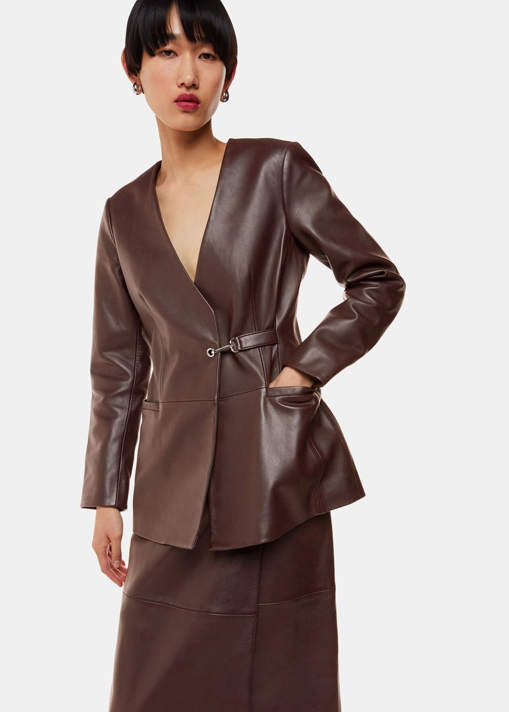 Whistles Josie Wrap Leather Blazer Chocolate | US-20643LWUG