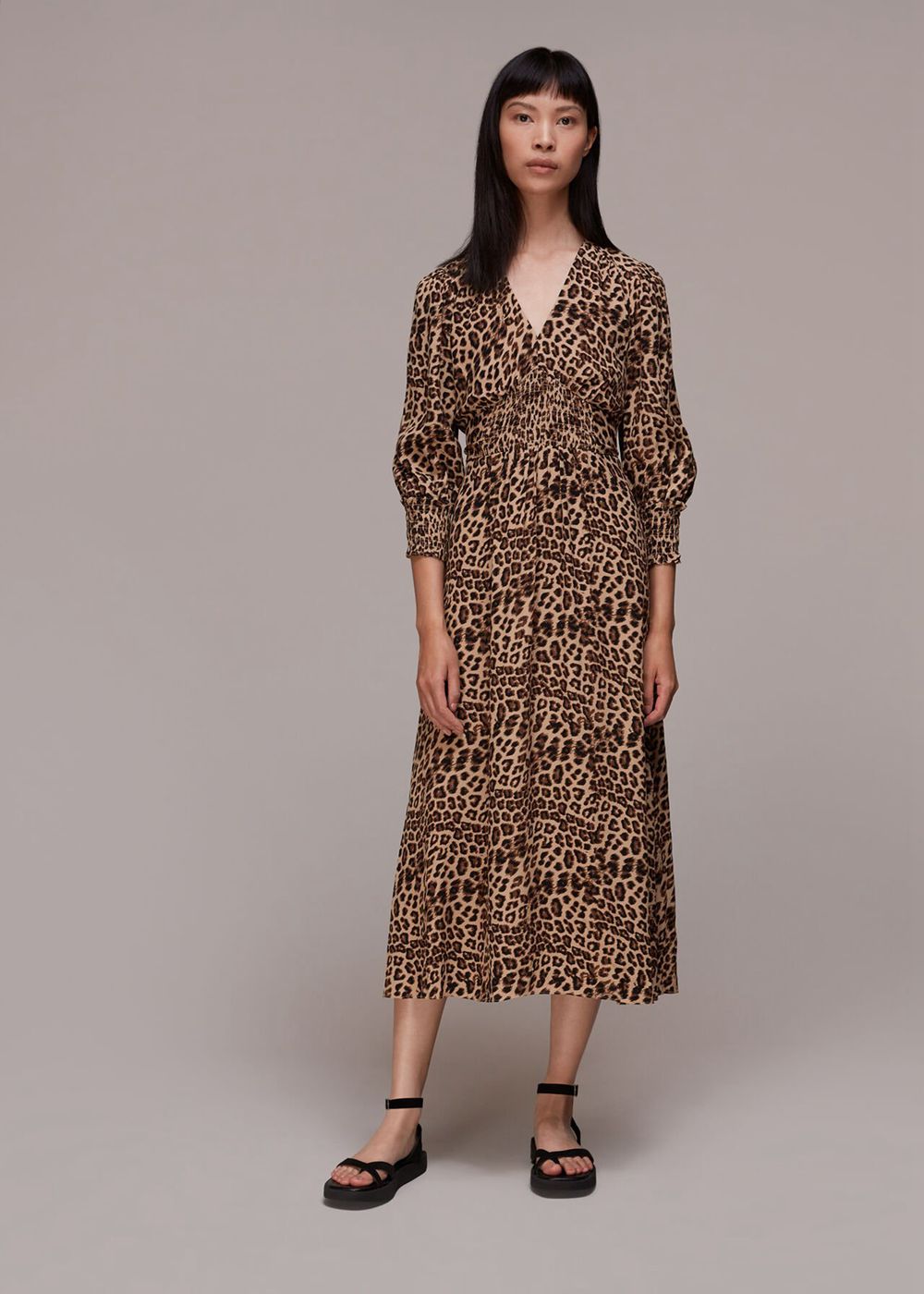 Whistles Jungle Cheetah Shirred Dress Leopard | US-46125AYQB