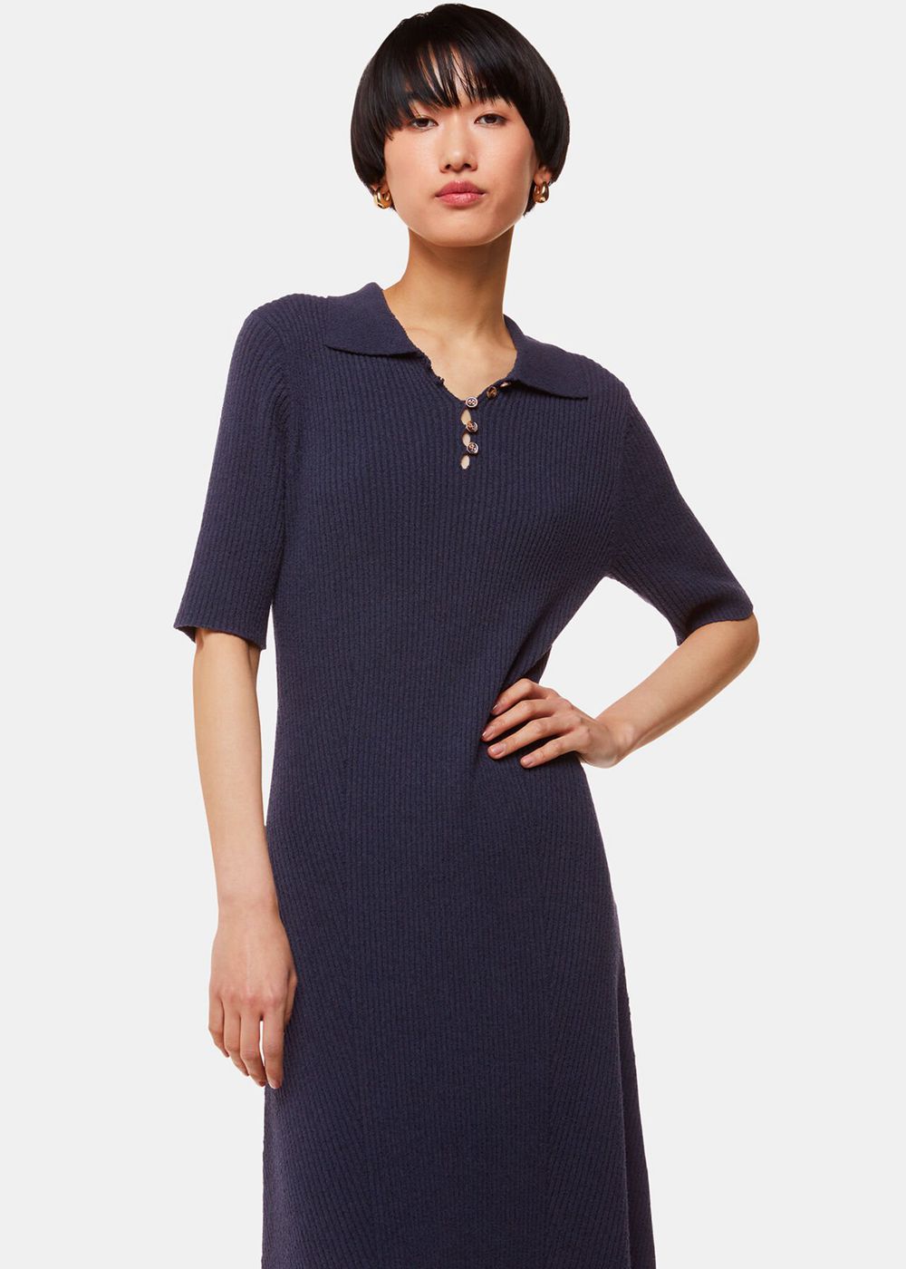 Whistles Knitted Ribbed Midi Dress Navy | US-57301YJSR