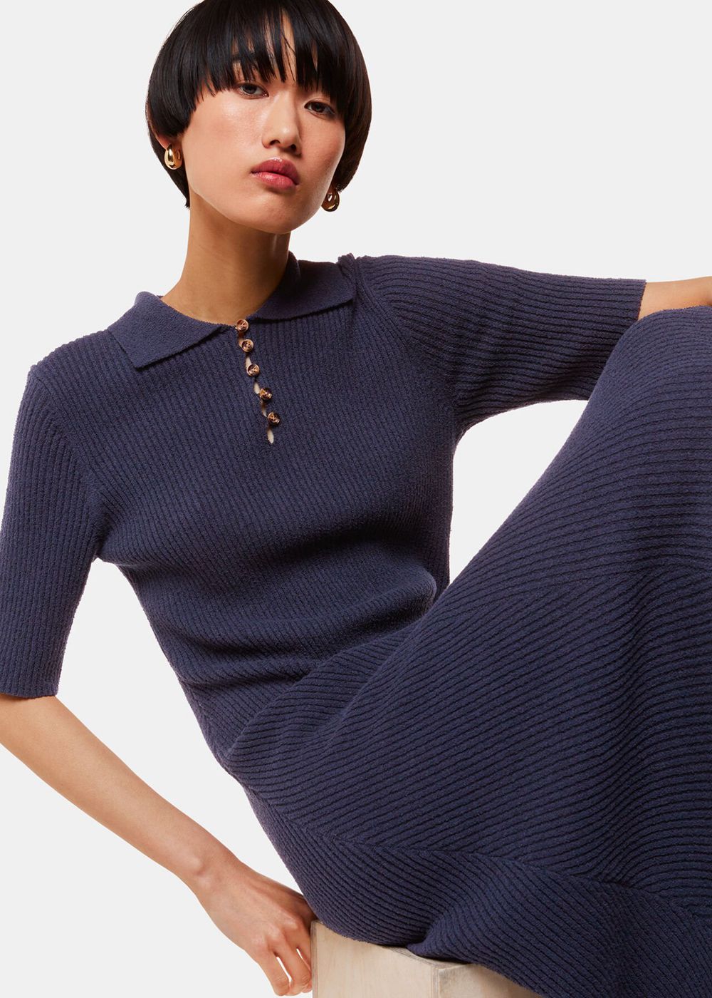 Whistles Knitted Ribbed Midi Dress Navy | US-57301YJSR