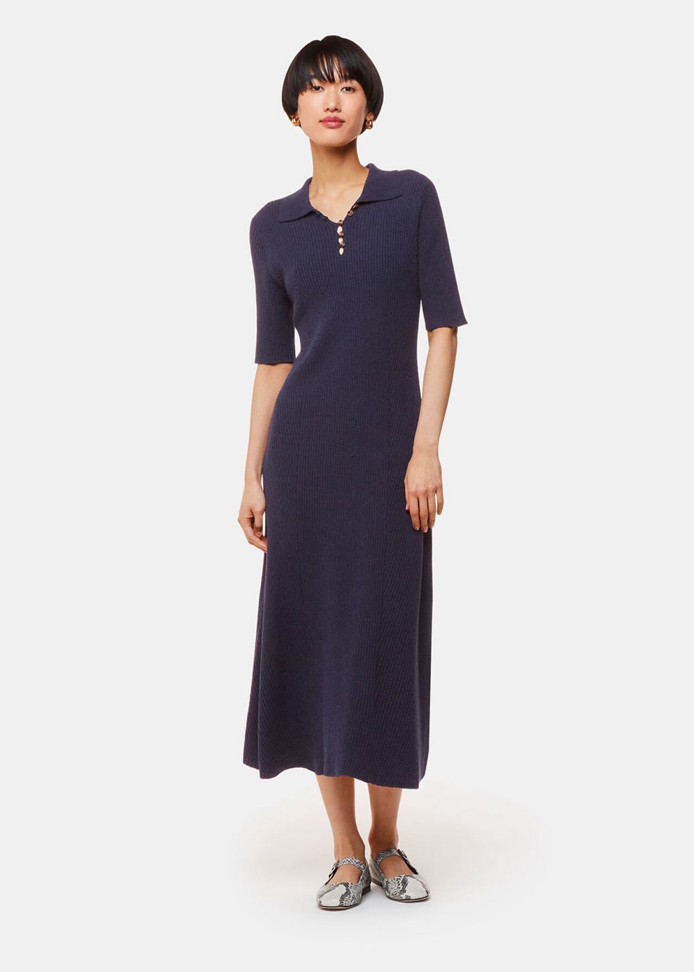 Whistles Knitted Ribbed Midi Dress Navy | US-57301YJSR