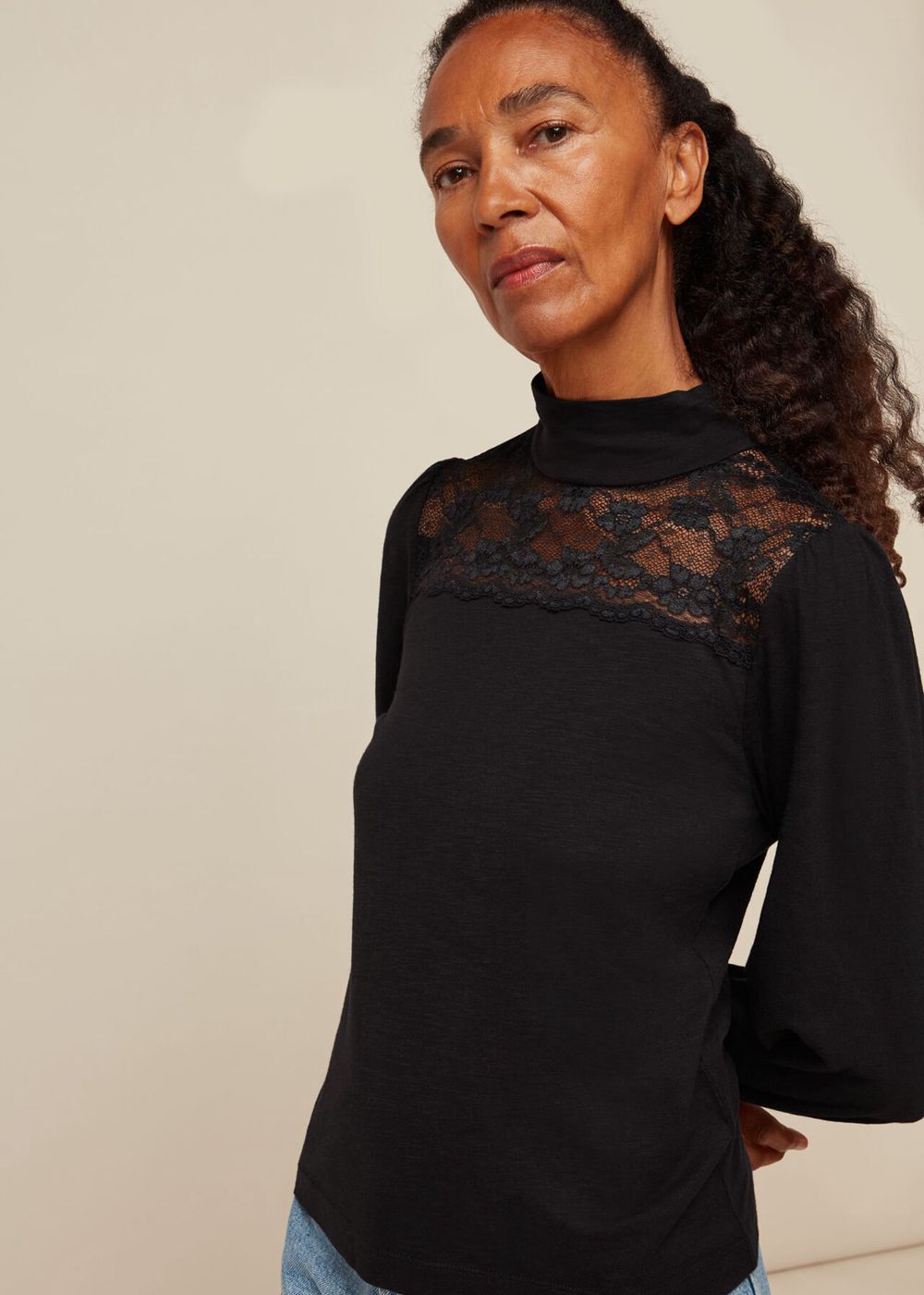 Whistles Lace Inserted Top Black | US-61730FYSD