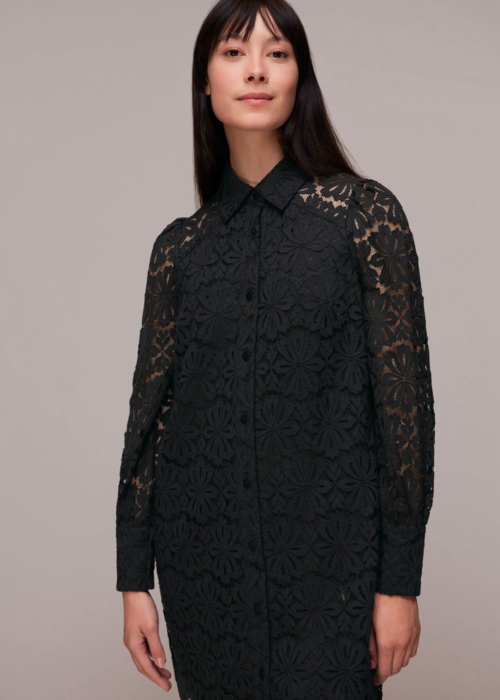 Whistles Lace Shirt Dress Black | US-72849SXKG