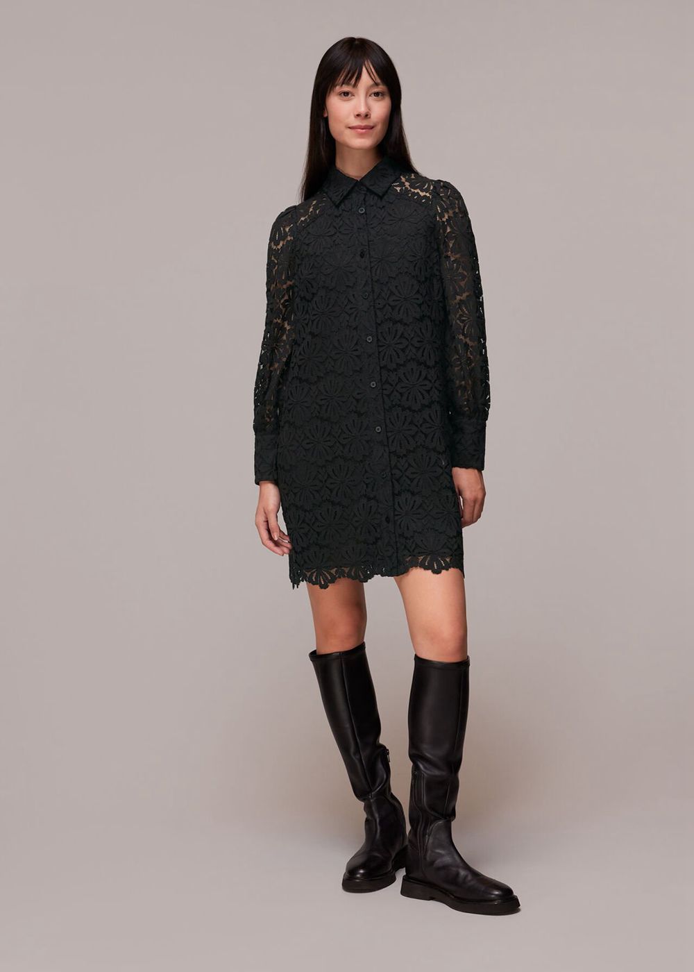 Whistles Lace Shirt Dress Black | US-72849SXKG