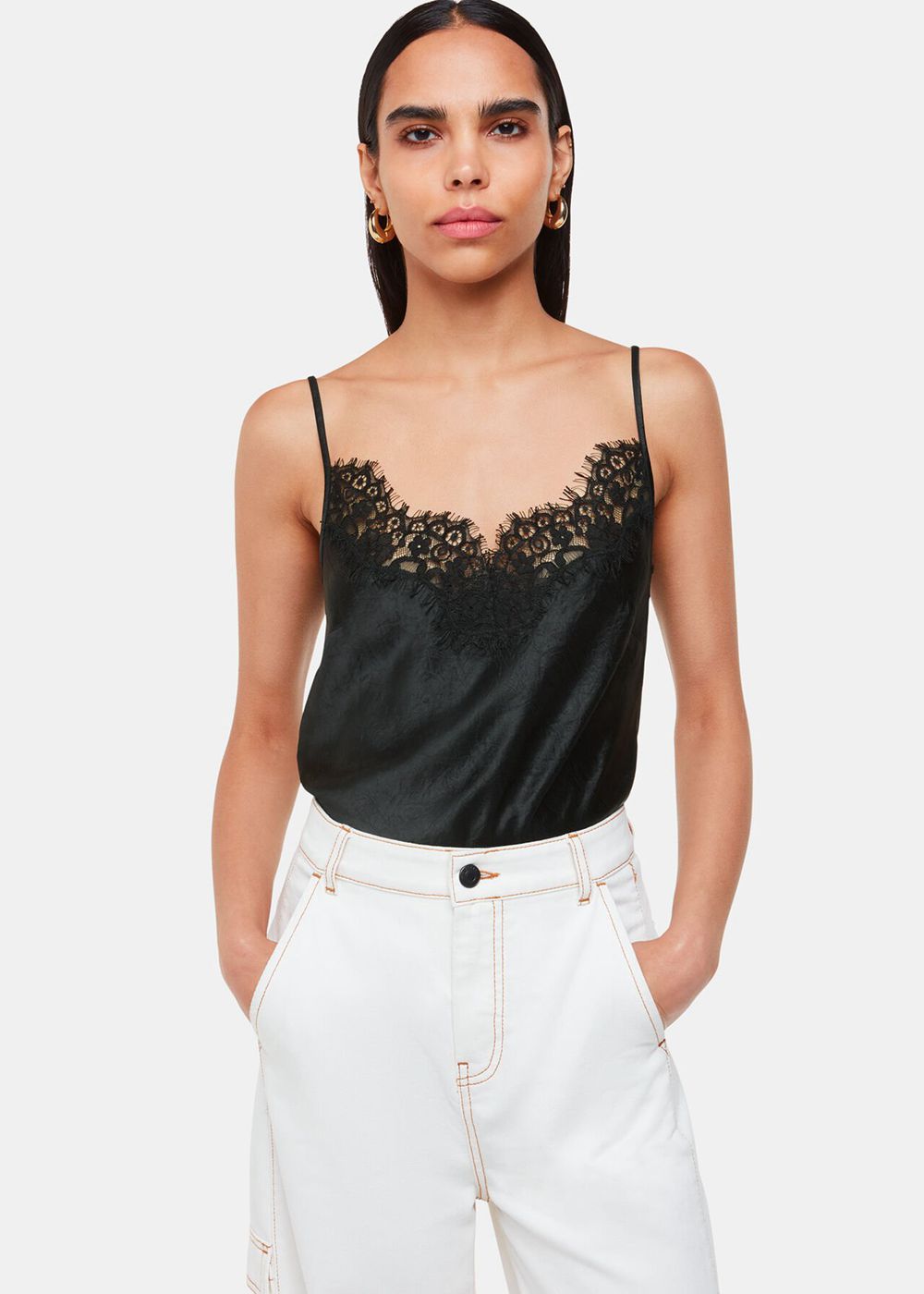 Whistles Lace Trim Cami Top Black | US-43678ZIMG