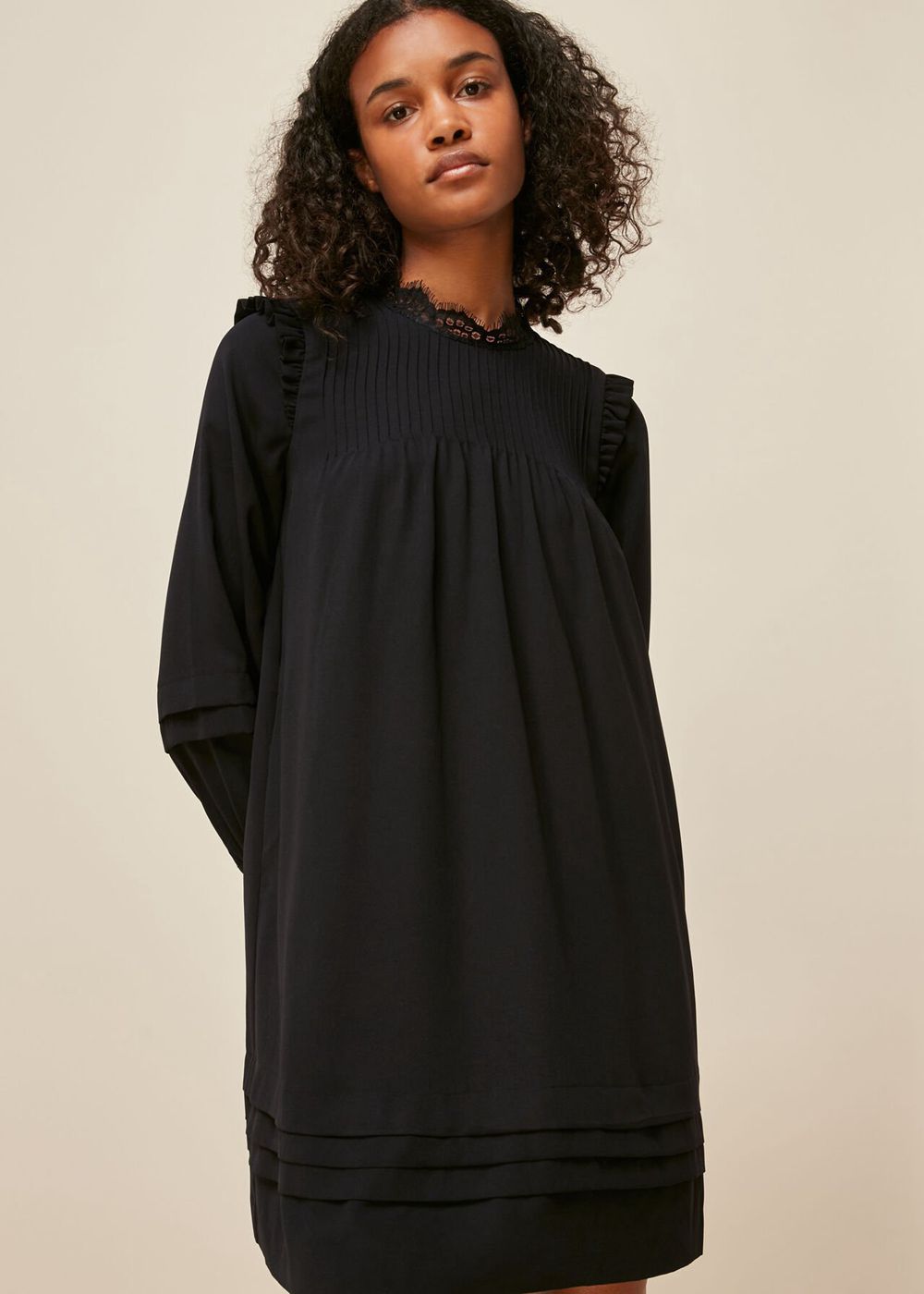 Whistles Lace Trim Pintuck Dress Black | US-09481IZWO