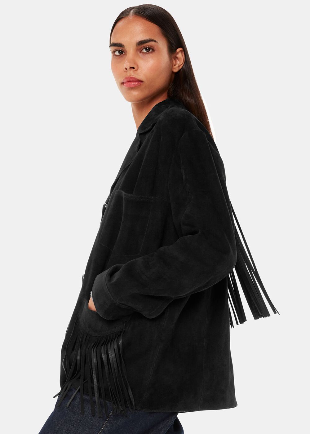 Whistles Lani Tassel Suede Jacket Black | US-71598BYIU