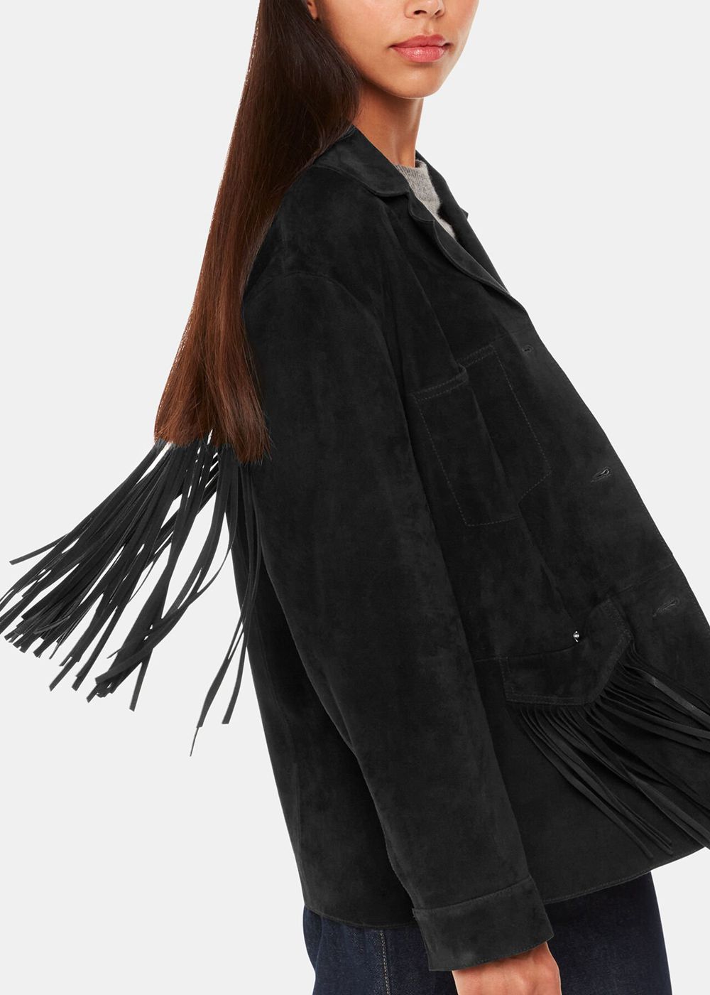 Whistles Lani Tassel Suede Jacket Black | US-71598BYIU