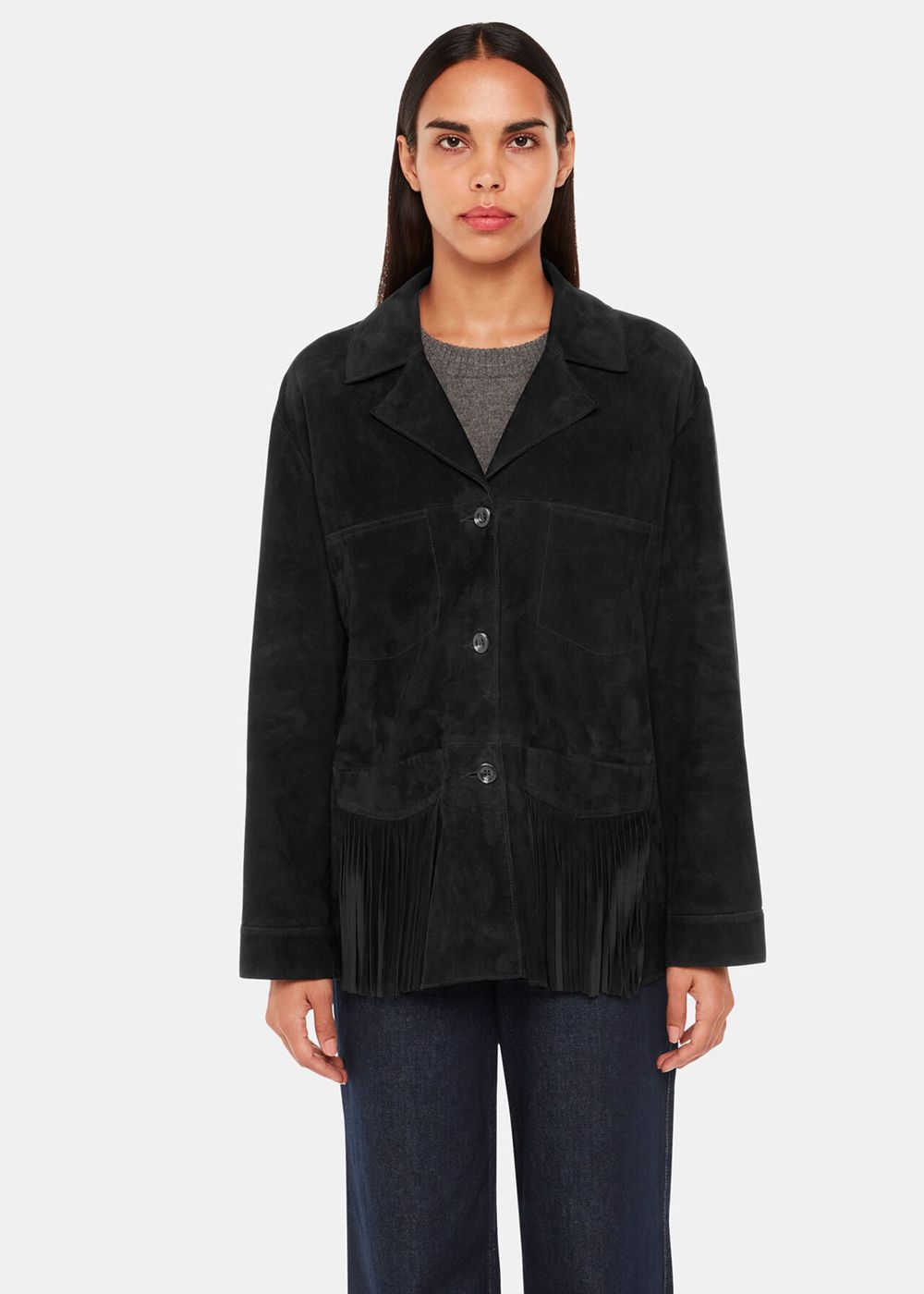 Whistles Lani Tassel Suede Jacket Black | US-71598BYIU