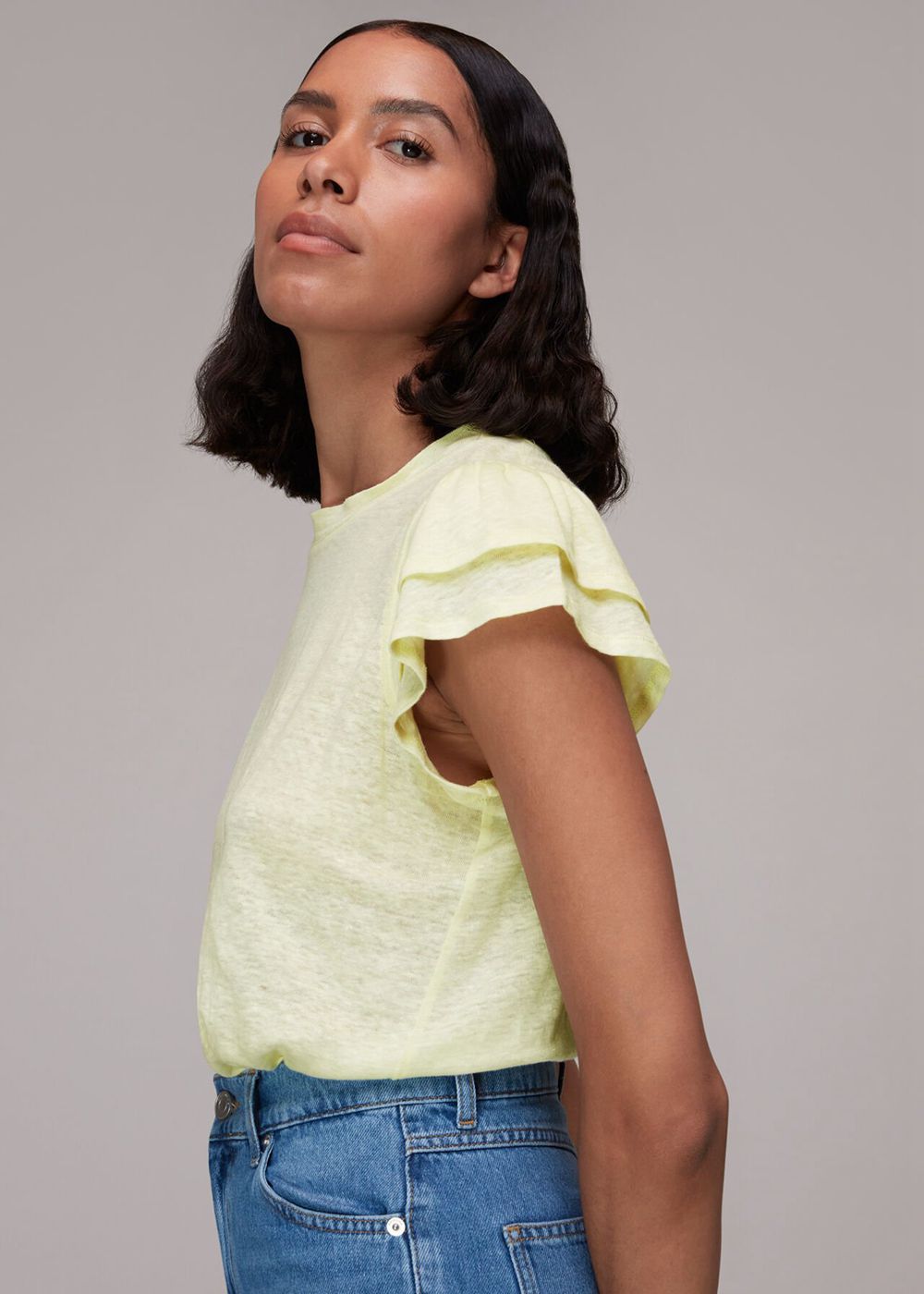 Whistles Laura Linen Frill Sleeve Top Yellow | US-61589FCNB