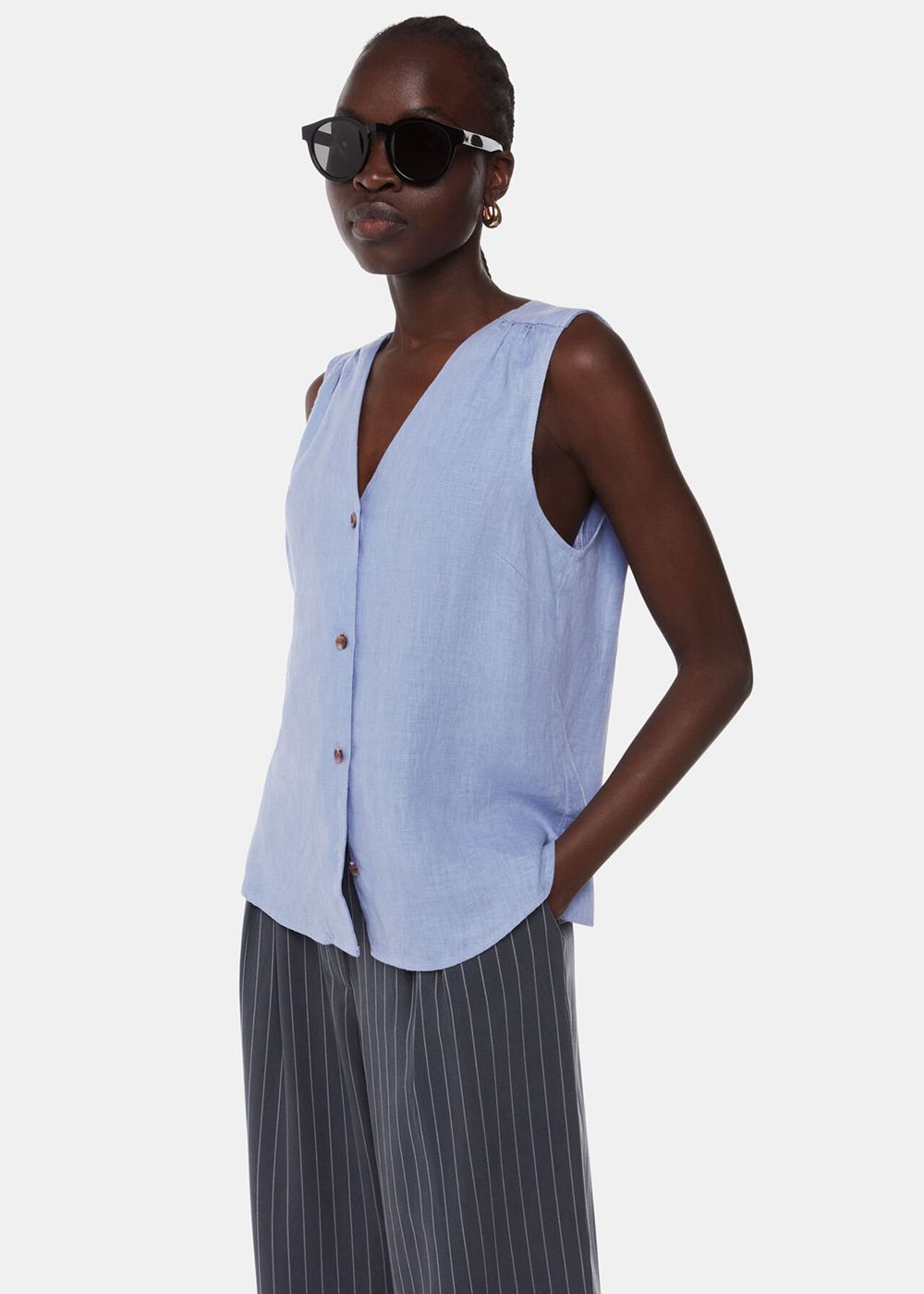 Whistles Laura Linen Tank Top Blue | US-73561ZEMD