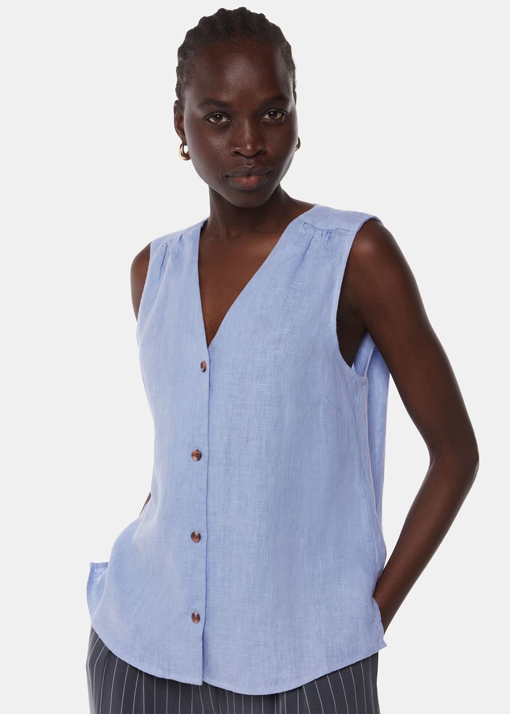 Whistles Laura Linen Tank Top Blue | US-73561ZEMD