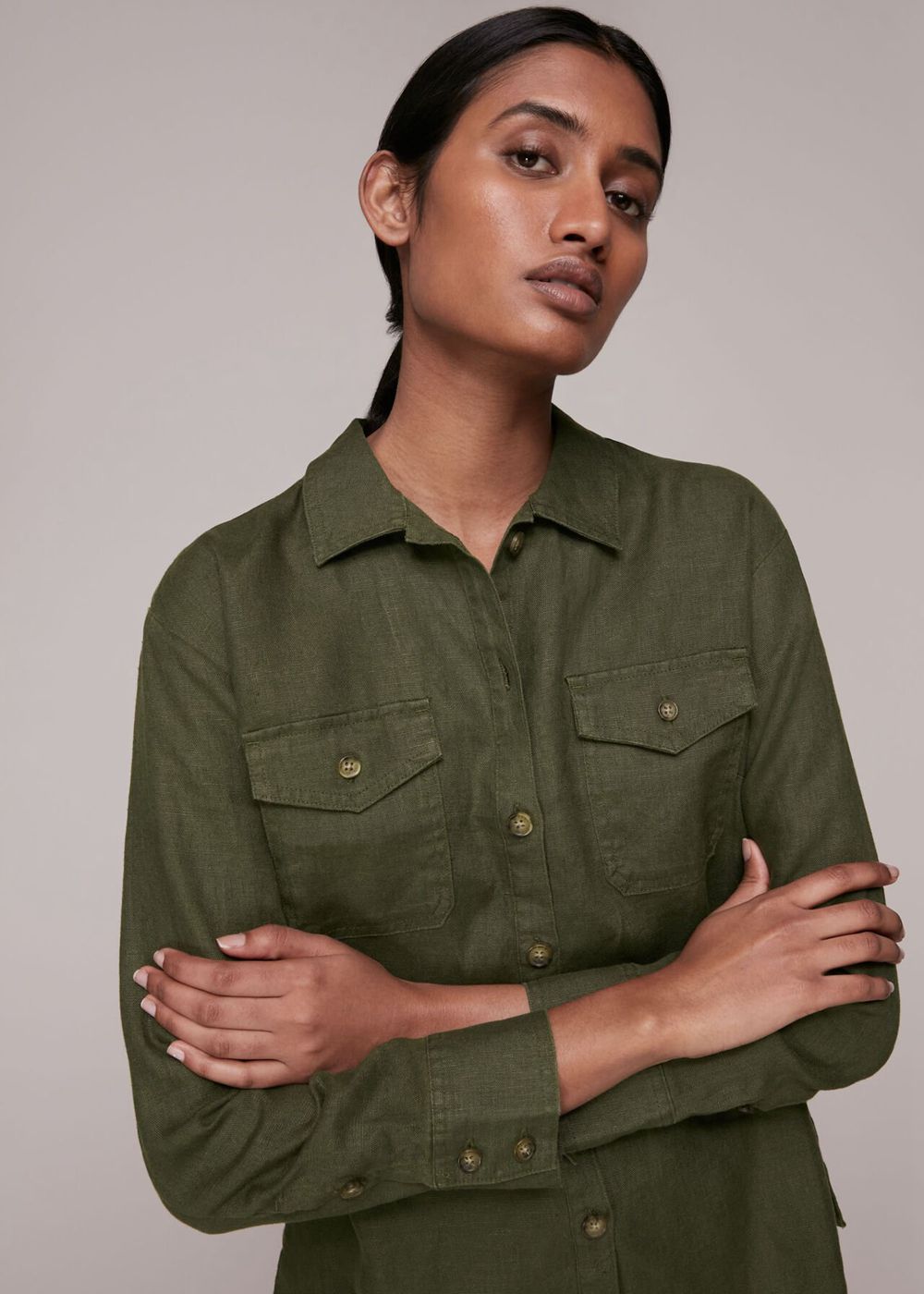 Whistles Layla Linen Shirts Khaki | US-39508PRJC