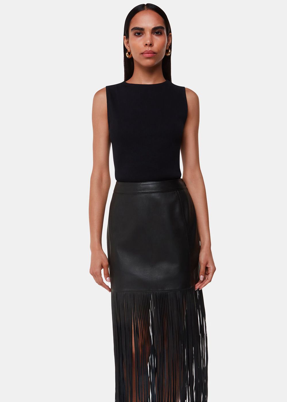 Whistles Leather Fringed Mini Skirts Black | US-50627XQVI