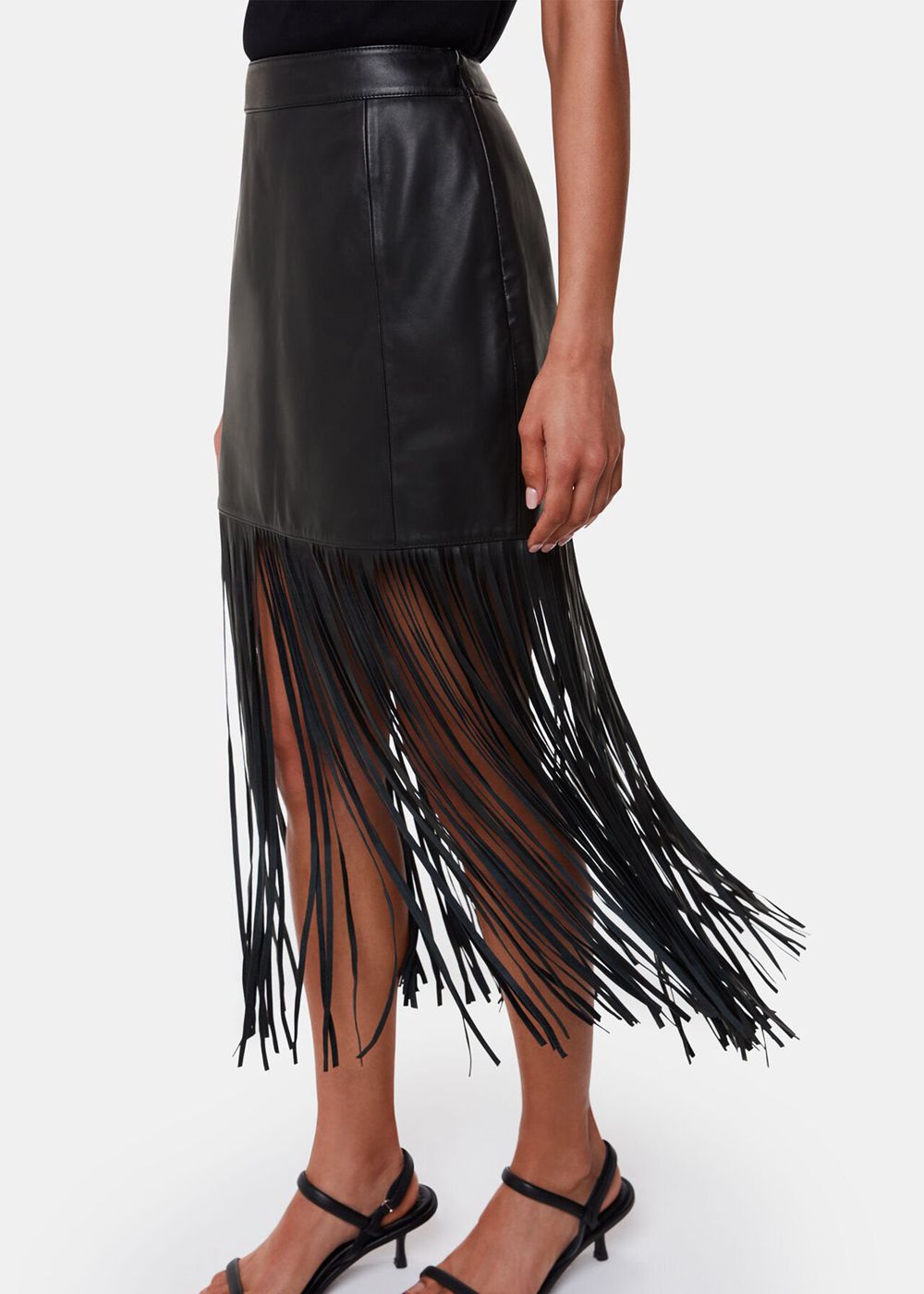 Whistles Leather Fringed Mini Skirts Black | US-50627XQVI