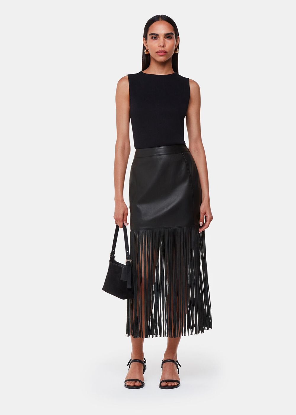 Whistles Leather Fringed Mini Skirts Black | US-50627XQVI