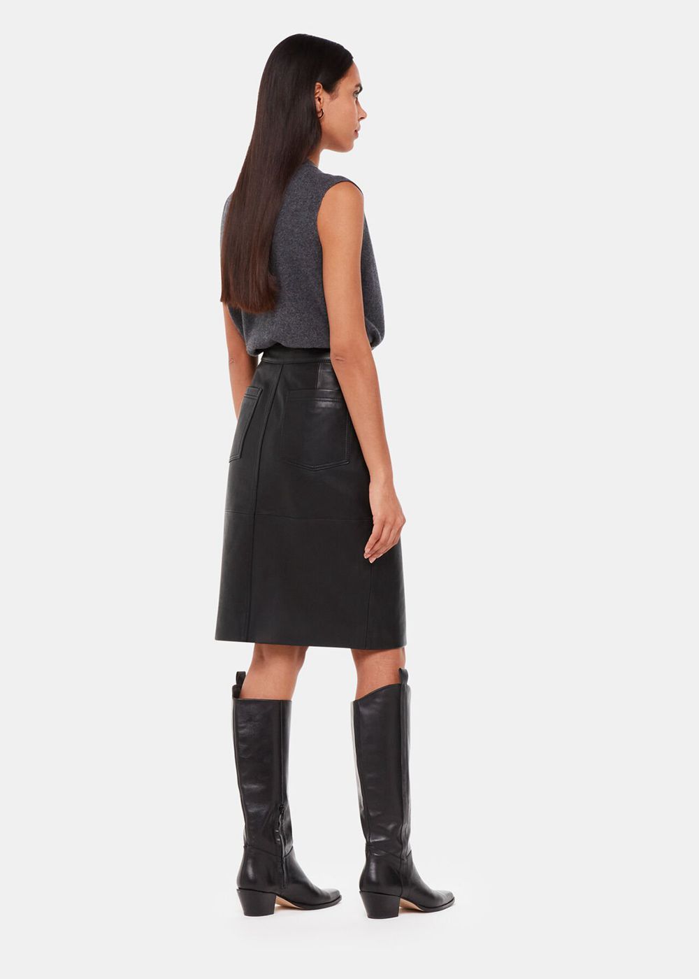 Whistles Leather Front Split Midi Skirts Black | US-82370MFBO