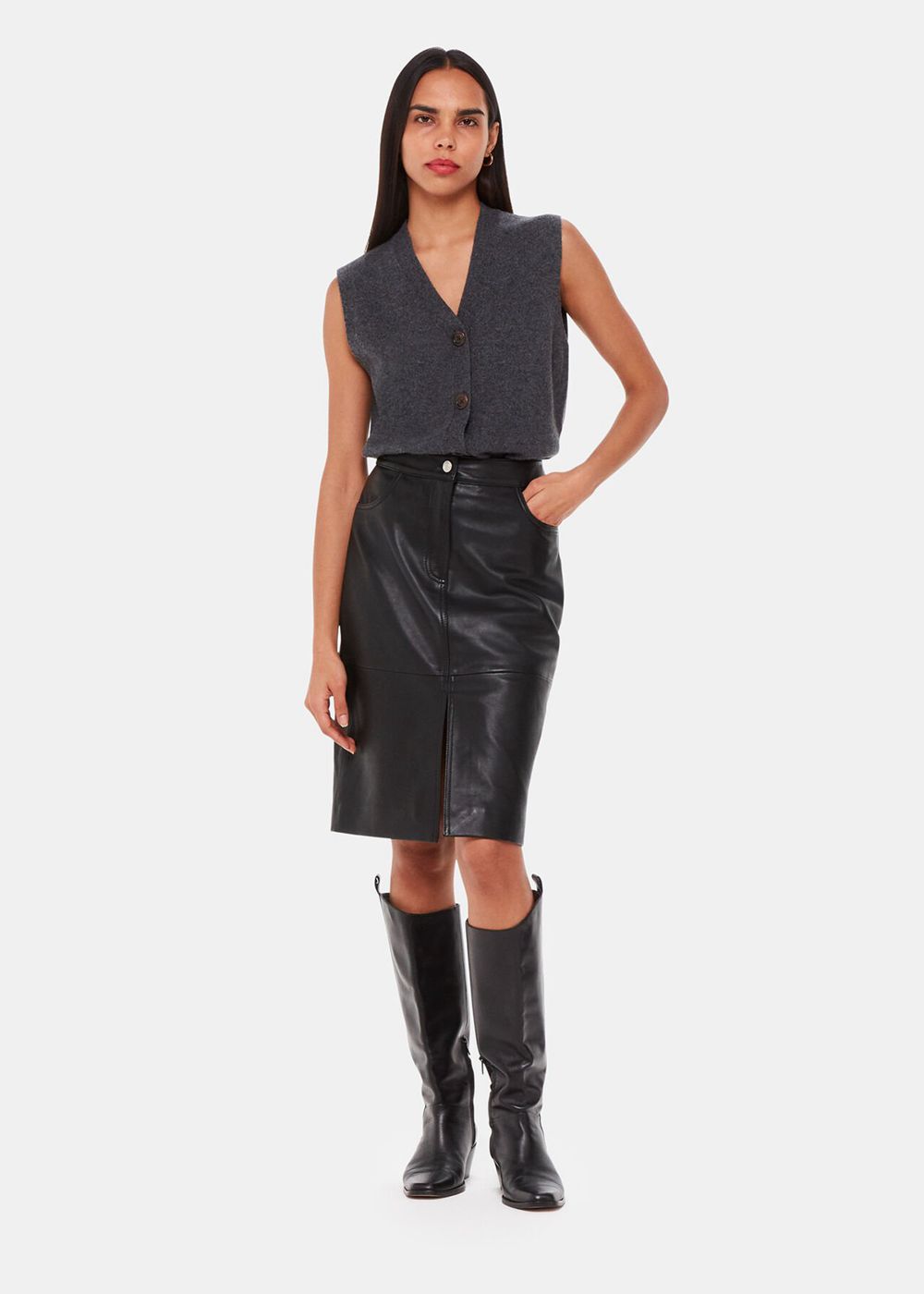 Whistles Leather Front Split Midi Skirts Black | US-82370MFBO